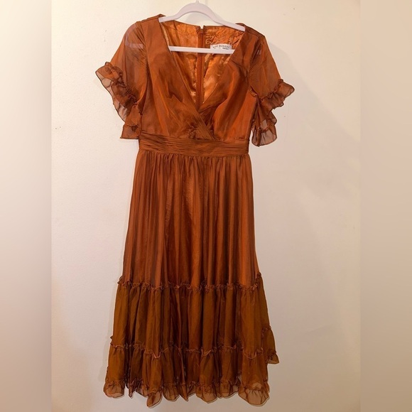 MAC DUGGAL Rust Ruffle Trim Midi Dress - Picture 6 of 14